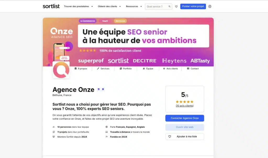 Profil Sortlist Agence Onze