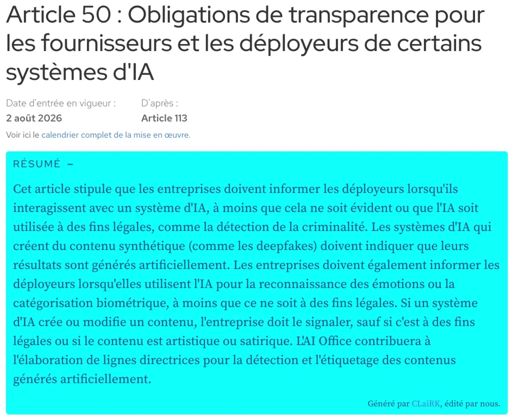 Extrait de l'article 50 de l'AI Act