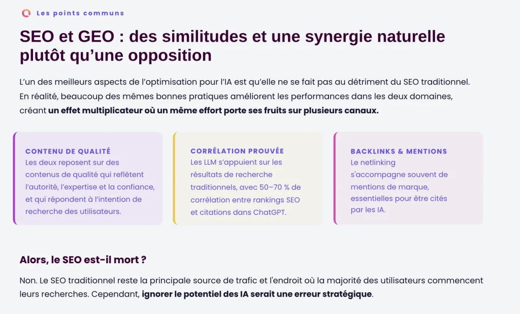 Optimiser son SEO pour les IA - Similitude entre SEO et GEO