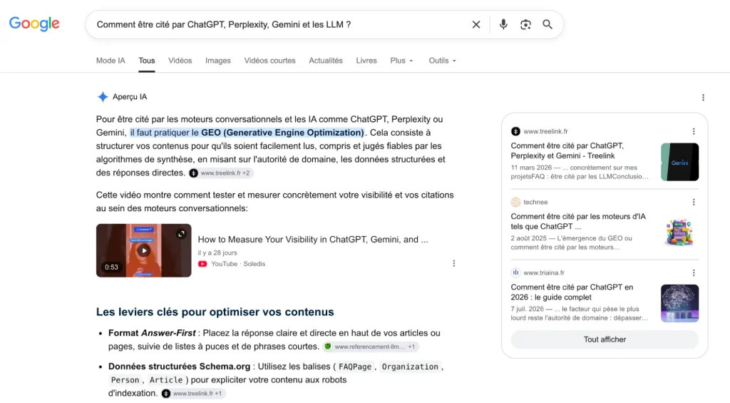 VSEO - Exemple d'AI Overviews citant une vidéo