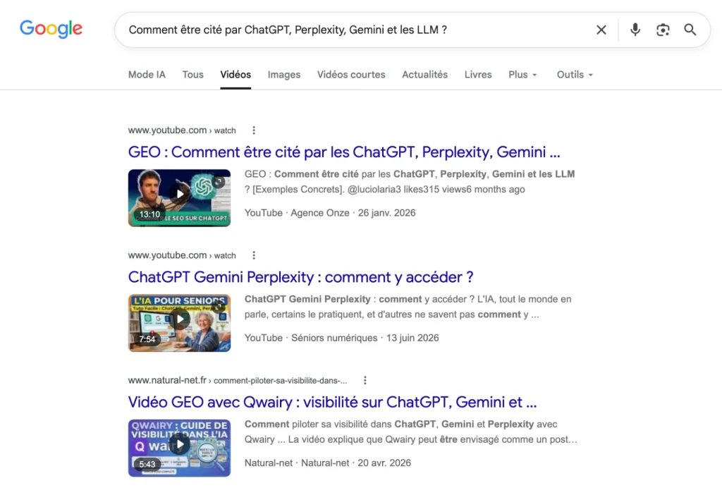 VSEO - Résultat Google onglet Vidéos