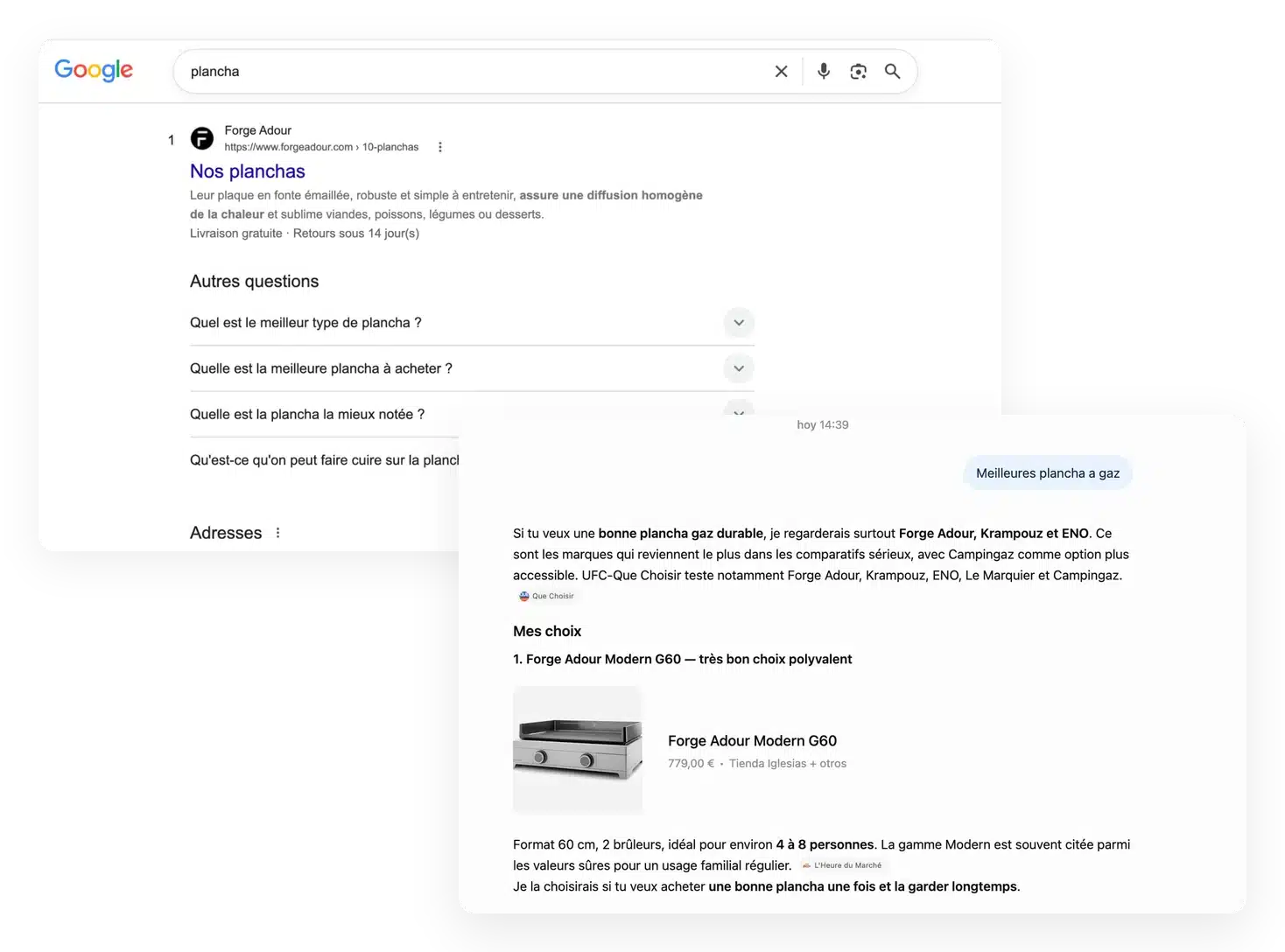 Forge Adour en première position sur « plancha » dans Google et recommandée par ChatGPT