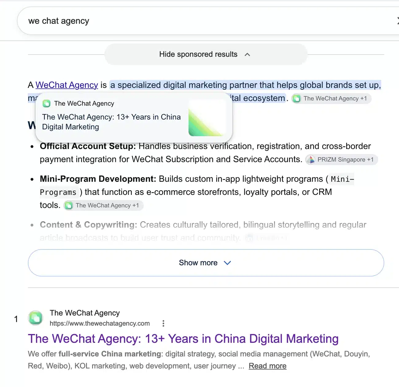 The WeChat Agency en première position et citée dans l’AI Overview sur « we chat agency »